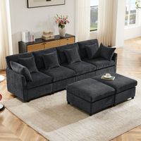 Sofá modular 4 a 6 plazas, con 2 puffs y 6 cojines, en chenilla, gris