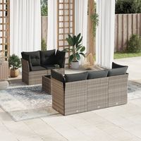 Ensemble de jardin 6 places en résine tressée gris clair avec coussins et table en verre