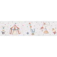 Carta da parati per bambini Profhome 771491 Bordo liscia con disegni di animali opaca grigio rosso arancione azzurro 5 m