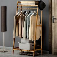 Bamboo Clothes Rail Rack Garment Stand with Top Shelf Shoe Storage Ladder Rails, Natural Wood