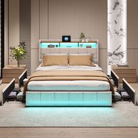HYTKKBD – Doppelbett mit Schubladen 160x200cm,mit LED-Beleuchtung und USB-Ladefunktion,Polsterbett mit 4 Schubladen,Lattenrost,Polsterbett,Leinen, Beige