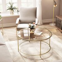 Vasagle – Table basse ronde en verre trempé – Armature métallique dorée – Dimensions 84x84x45,5 cm – Capacité de charge 70 kg – LGT21G