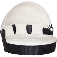 Set 4 Pzi Divano Circolare da Giardino, Mobili Componibili Rattan Nero, Tettuccio e Cuscini Beige 180x175x147cm