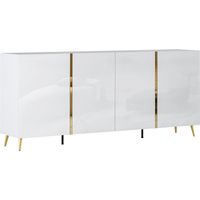 Vente-Unique – Buffet 4 portes 200 cm – Blanc brillant et doré – Panneau de particules mélaminé – Mécanisme push to open – Éco-responsable