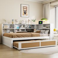 Canapé-lit 140x200 cm avec lit gigogne, lit simple avec nombreux rangements et port de charge, en bois, blanc