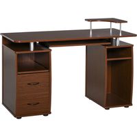 Scrivania per Computer Moderna Porta PC in Legno con Cassetti, Scrivania Salvaspazio Con Libreria, Mensola Estraibile e Porta Tastiera, 120x55x85cm, Marrone