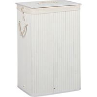 Panier à linge bambou, lot de 3, corbeille linge pliante, 83L, sac intérieur coton, 65,5 x 43,5 x 33,5 cm, blanc