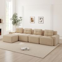 Canapé modulare in velluto a coste beige con chaise longue a L, 4 posti, seduta profonda 74 cm, senza montaggio