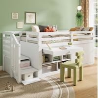 Cama infantil con almacenamiento y escritorio blanca OKMYHOME