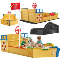 KIDIZ® Sandkasten Ahoi - Piratenschiff Boot Segelschiff aus Holz Inkl. Abdeckung Bodenplane Sitzbank Flaggenmast Sandspielzeug Bunt