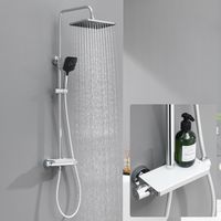 Sistema de ducha termostático, ducha de lluvia de acero inoxidable con ducha de mano de 3 funciones, ducha fija y repisa para baño, cromado