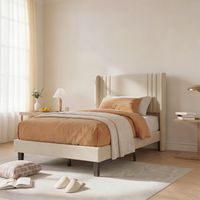 Bett 90x200CM mit Lattenrost, Gepolstertes Kopfteil,Polsterbett Jugendbett bis 360 kg,Stauraum unter dem Bett,Leinenstoff,Beige