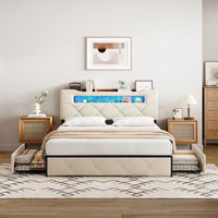 HYTKKBD – Polsterbett 160x200cm mit 4 Schubladen,LED-Beleuchtung,USB-Ladefunktion,Doppelbett,Lattenrost,Bettkopf Aufbewahrbar,Samt, Beige