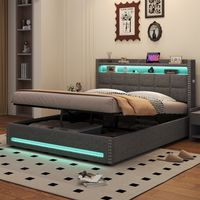 5ft King Upholstered Storage Bed with LED & USB Charging - Hydraulic Lift Base, Linen Fabric, Button Tufted Headboard, Grey, No Mattress Needed