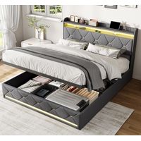 Doppel-Stauraumbett 160x200 cm aus Leinenstoff mit Lattenrost, Erwachsenenbett mit hydraulischer Stauraum, Gepolstertes Kopfteil mit LED-Beleuchtung, Regale und USB/Typ-C-Anschlüsse - Grau