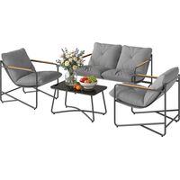 Ensemble de mobilier de jardin 4 pièces comprenant un canapé 2 places, 2 fauteuils et une table basse en verre trempé avec coussins de 13 cm d'épaisseur, gris clair