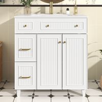 Meuble de salle de bain autoportant 81 cm, avec lavabo en céramique, finition laquée, espace de rangement multifonction, pieds en bois massif - Blanc