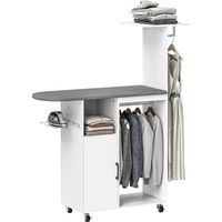 HOMCOM mueble de planchar con ruedas y barra lateral mueble planchado con tabla de planchar barra para ropa estante ajustable 127,5x43,5x153 cm blanco