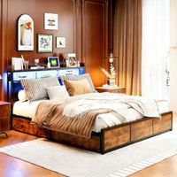 Bett fuer erwachsene 140x200 cm, Bett mit Kopfteil-Stauraum, verstellbare LED-Beleuchtung, Steckdose, strukturiertes schwarzes Kunstleder, robuster Metallrahmen, industrieller Stil