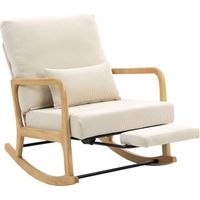 Mecedora Nórdica Silla con Reposapiés Respaldo Ajustable Pana Cojín Crema Patas Madera 90x60x100cm