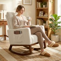 Fauteuil à bascule, revêtement en flanelle couleur neige, coussin lombaire, dossier haut, poches latérales, couleur crème