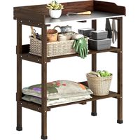 Table de jardin en bois avec plateau en métal, étagères et crochets pour terrasse/jardin 76 x 37 x 89 cm, finition carbonisée