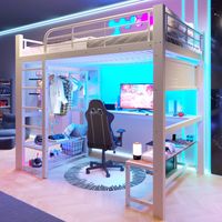Cama alta de metal 140x200– Litera con luz LED, estantes, escritorio de madera y barra para secar ropa, cama litera infantil con escalera, sin colchón