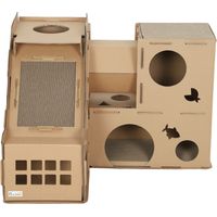 Château Chat Carton 2 Niveaux 3 Zones Rascado Túnel Rampa Herbe Chat Marron 40x40x50cm