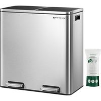 Songmics – Poubelle à pédale double compartiment 2 x 30L – Ouverture à 80° – 15 sacs fournis – Poignée latérale pour déplacement facile – Argent