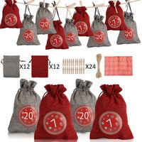 Randaco 24 Borsa Calendario dell'Avvento in tessuto, 24 adesivi digitali, borse regali di Natale fai da te a, borse decorative ciondoli, borsa di stoccaggio piccoli oggetti, rosso / grigio