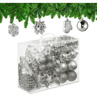 Relaxdays Palline di Natale, Set 100 Addobbi Natalizi, Palle Opache, Lucide, Glitter, 10 Design, Plastica, Argento