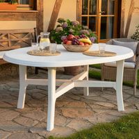 Dmora – Table de jardin ovale 6 places – Polypropylène résistant – Longueur 165 cm – Dimensions 165x110x72 cm – Coloris blanc