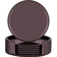 Lot de 6 dessous de verre ronds en cuir synthétique marron avec support – DELKEVIC