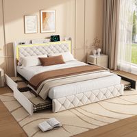 Cama dobel 140x200 cm con cajones, iluminación LED, charge USB y Type-C, matelas remborré, tissu terciopelo, somier de láminas, cama para adelltes - Beige