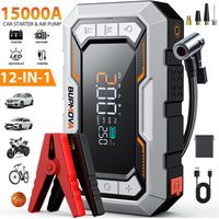 Boosteur de batterie 15000A avec gonfleur 150PSI sans fil, batterie portable, lampe LED SOS, écran digital – pour essence/diesel 10L