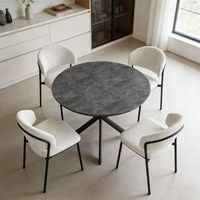 Ensemble de table à rallonges, table ronde en MDF de 120 à 160 cm(4 chaises, velours côtelé, blanc)