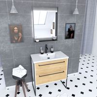 Mueble baño 80x50 cm blanco 2 cajones roble + lavabo blanco + LED