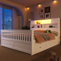 Bettgestell MDF & Sperrholz Weiß 160x200 cm mit LED-Kopfteil, Stauraumregalen, 4 Schubladen und Lattenrost