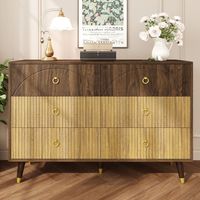 Kommode 120 x 40 x 81 cm mit 6 Schubladen - Vintage-Lowboard aus zweifarbigem Holz mit goldenen Ringgriffen - Stauraummöbel für Wohnzimmer und Schlafzimmer - Natur