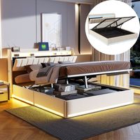 Letto contenitore 140x200 cm - letto matrimoniale con porta USB integrata, striscia LED e deposito, sommier a doghe in legno, letto imbottito in velluto - Beige