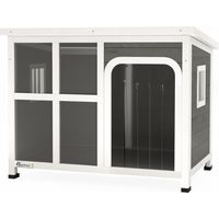 Casetta per cani in legno abete con finestrelle e ingresso a tenda, 90x62x71 cm, grigio chiaro