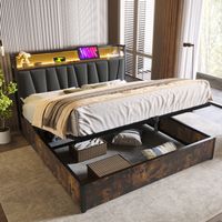 Cama doble tapizada con LED USB y almacenaje gris OKMYHOME