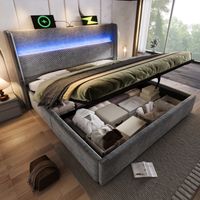 MODFU - Lit coffre adulte 140x200 cm, lit double, avec LED, USB/Type-C, sommier à lattes rembourré, sans matelas, lin, gris