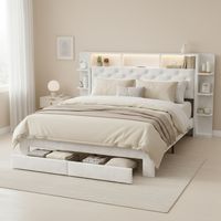 Nmonet – Lit avec tiroirs 140x200 cm – Capitonné en velours blanc – Éclairage LED télécommandé – Ports USB intégrés – Rangement sous le lit