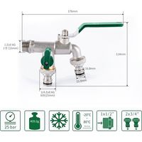 Robinet de jardin, robinet à double sortie 3/4", résistant à la rouille et au gel, avec 2x sorties 3/4", 1x ruban d'étanchéité à rouleaux, double raccordement et embout de tuyau pou r(vert)