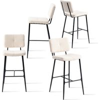 MEUBLES COSY Set of 4 Scandinavian Bar Stools - 75 cm High Upholstered Seats - High Chairs in Beige Boucle - Black Metal Legs and Footrest