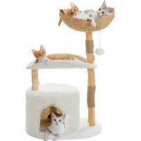 PAWZ Road Arbre à Chat Moderne 97 cm avec Poteaux en Bois, Panier Tissé XXL, Condo & Plateforme Courbée 50 cm, Blanc