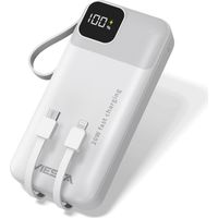 VIESTA® batterie externe 20 000 mAh blanche – batterie externe à charge rapide 22,5 W avec PD 20W, câble USB-C et Lightning intégré, écran LCD, lampe torche LED, USB-A, USB-C et dragonne