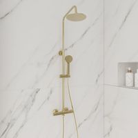 Round Brushed Brass Thermostatic Shower Kit with Fixed Head and Handset