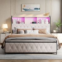 Lit Double 160x200 avec sommier, Cadre de Lit avec 4 tiroirs,Lit 2 Personnes avec USB et LED, Tete de Lit avec Rangement, lit pour Adultes et Adolescents,Beige,velours
